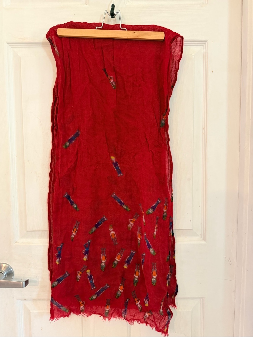 Unk Red Lightweight Scarf with Multicolor Figurine Print - Picture 2 of 3